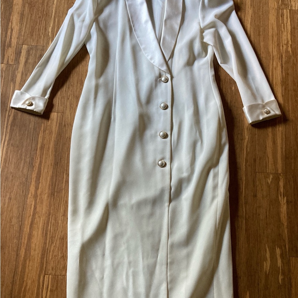 VINTAGE  80s JR NITE by Caliendo Midi Cream Tux Dress w/ Satin Accents